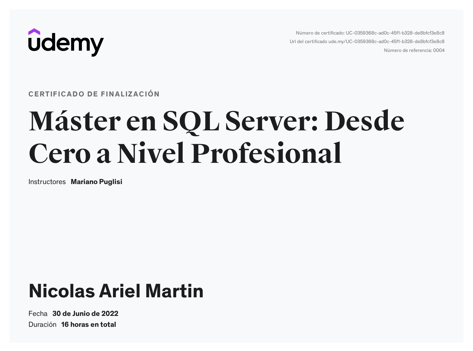 Certificado SQL